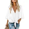 Women's V Neck Top Ruffle Short Sleeve Tie Knot Loose Blouse . S-2X
