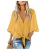 Women's V Neck Top Ruffle Short Sleeve Tie Knot Loose Blouse . S-2X