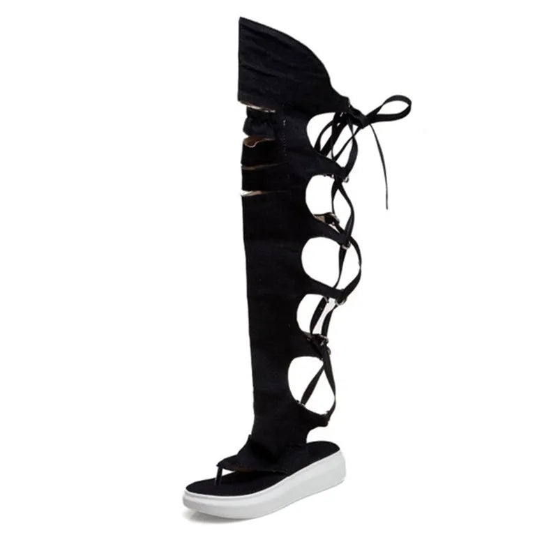 Rome Style Hollow Out Summer Long Denim Shoe/Boots Cross tied High Leg Gladiator Sandal