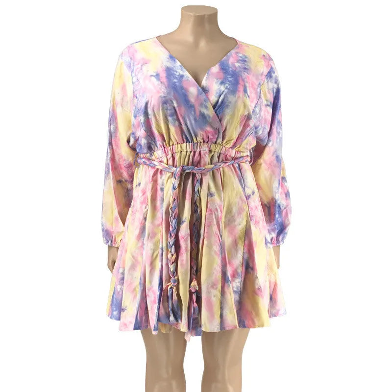 Plus Size Dress Casual Long Sleeve Mini Dress Elastic Waist with Sash Dress