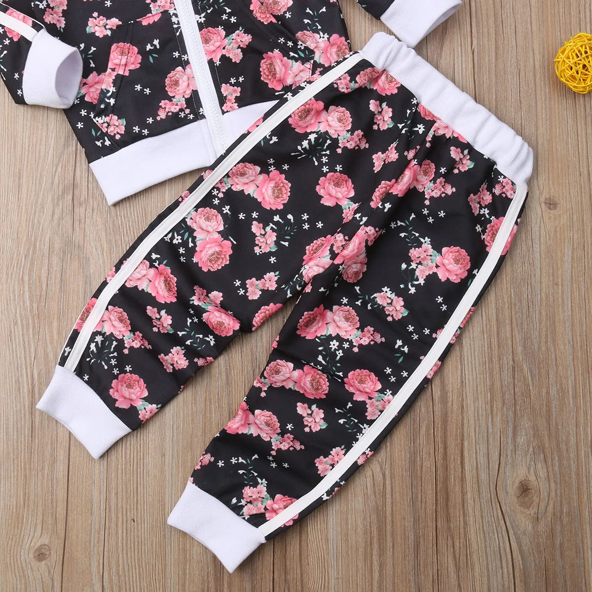 2-6 Yr Autumn Winter Girls Set Flower Print Long Sleeve Zipper Jacket Coat +Pants