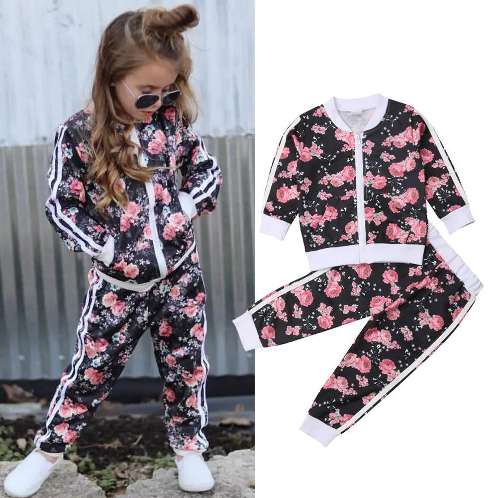 2-6 Yr Autumn Winter Girls Set Flower Print Long Sleeve Zipper Jacket Coat +Pants