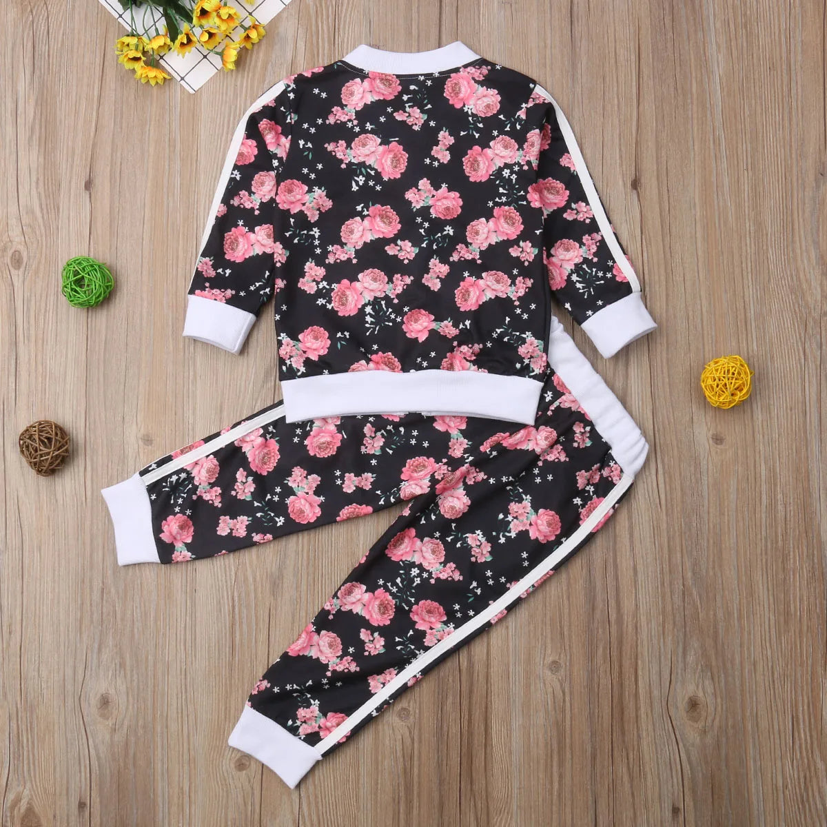 2-6 Yr Autumn Winter Girls Set Flower Print Long Sleeve Zipper Jacket Coat +Pants