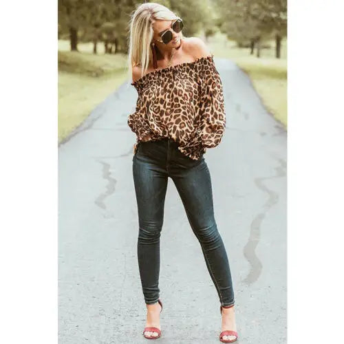 Dourbesty Women Leopard Print Long Sleeve Off Shoulder Blouses Woman Party Club Blouse Ladies Summer Casual Tops Female Hotsale