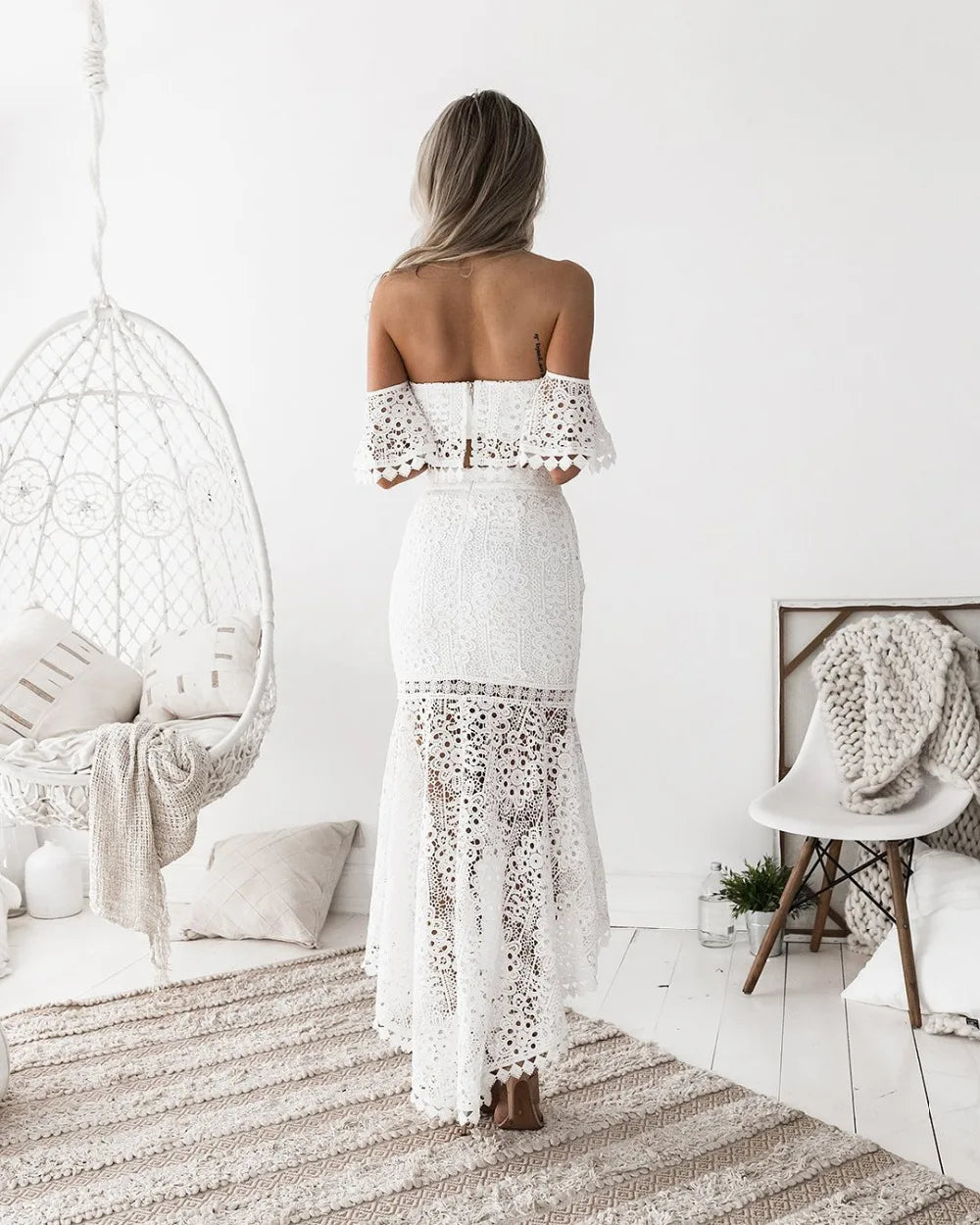 Sexy Lace Hollow Out 2 Piece Set Women Backless Crop Top Ruffles Long Pencil Skirt