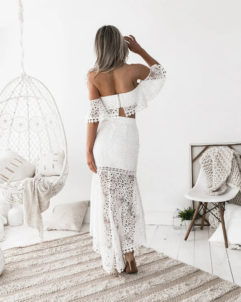 Sexy Lace Hollow Out 2 Piece Set Women Backless Crop Top Ruffles Long Pencil Skirt