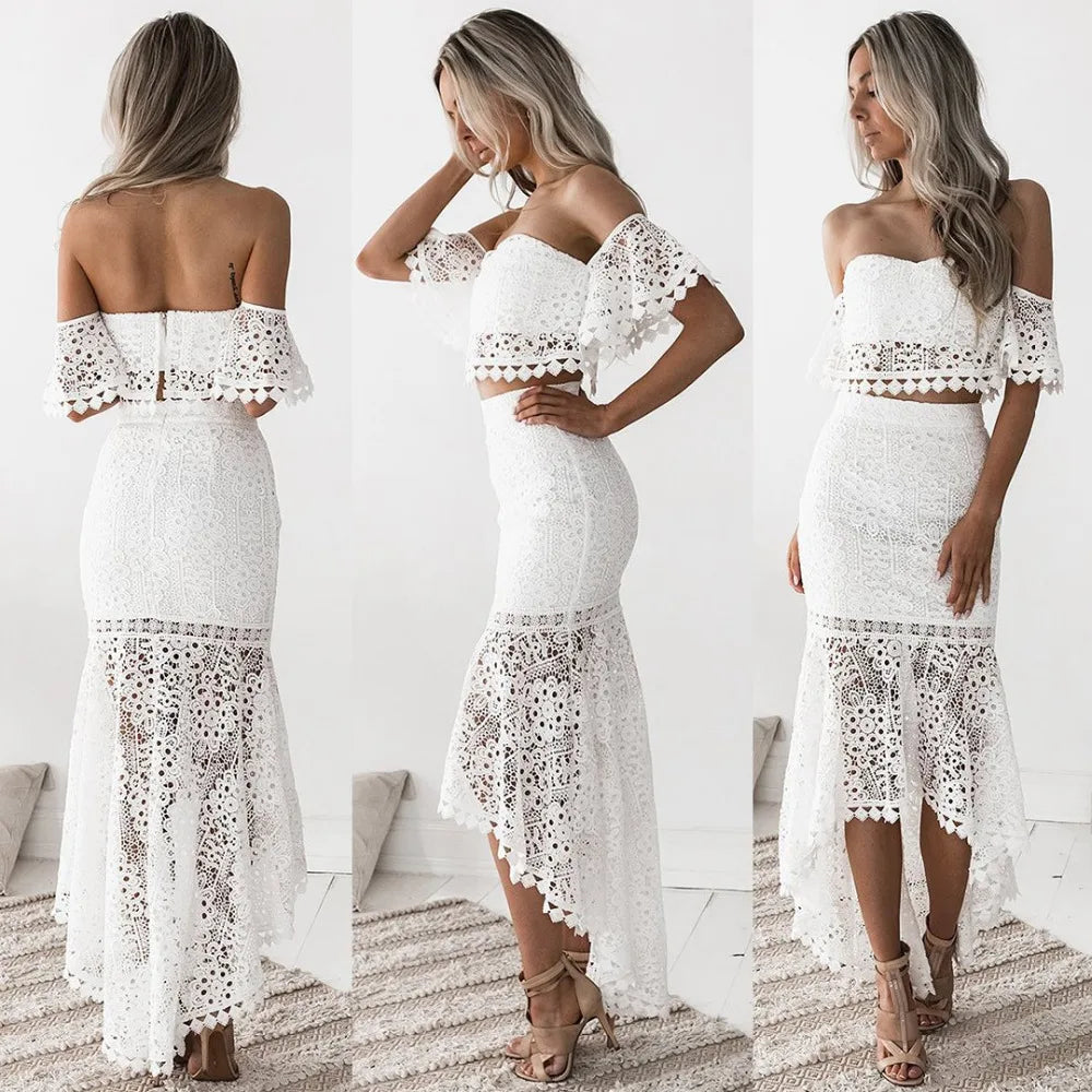 Sexy Lace Hollow Out 2 Piece Set Women Backless Crop Top Ruffles Long Pencil Skirt