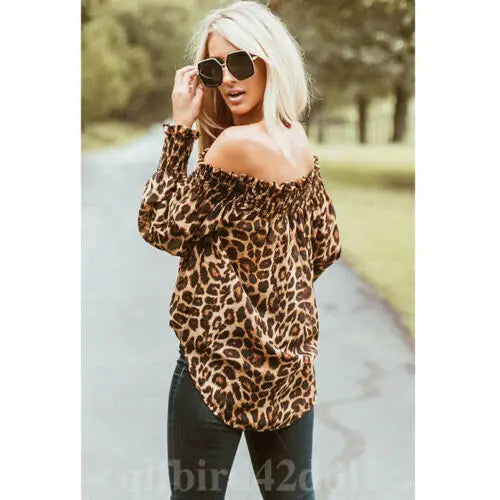 Dourbesty Women Leopard Print Long Sleeve Off Shoulder Blouses Woman Party Club Blouse Ladies Summer Casual Tops Female Hotsale