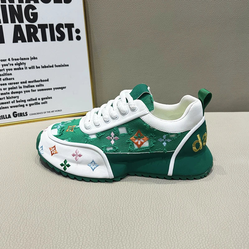Unisex Breathable Embroidered Sneakers - Trendy Lace-Up Casual Shoes