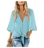 Women's V Neck Top Ruffle Short Sleeve Tie Knot Loose Blouse . S-2X