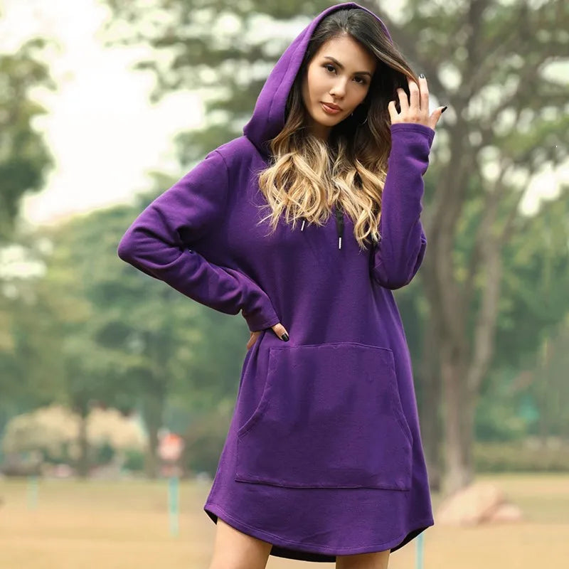 2025 Women Dress/Top Casual Pocket Long Sleeve Hooded Loose Fit Oversized Pullover Hooded Bodycon Dress /Top. S-5X