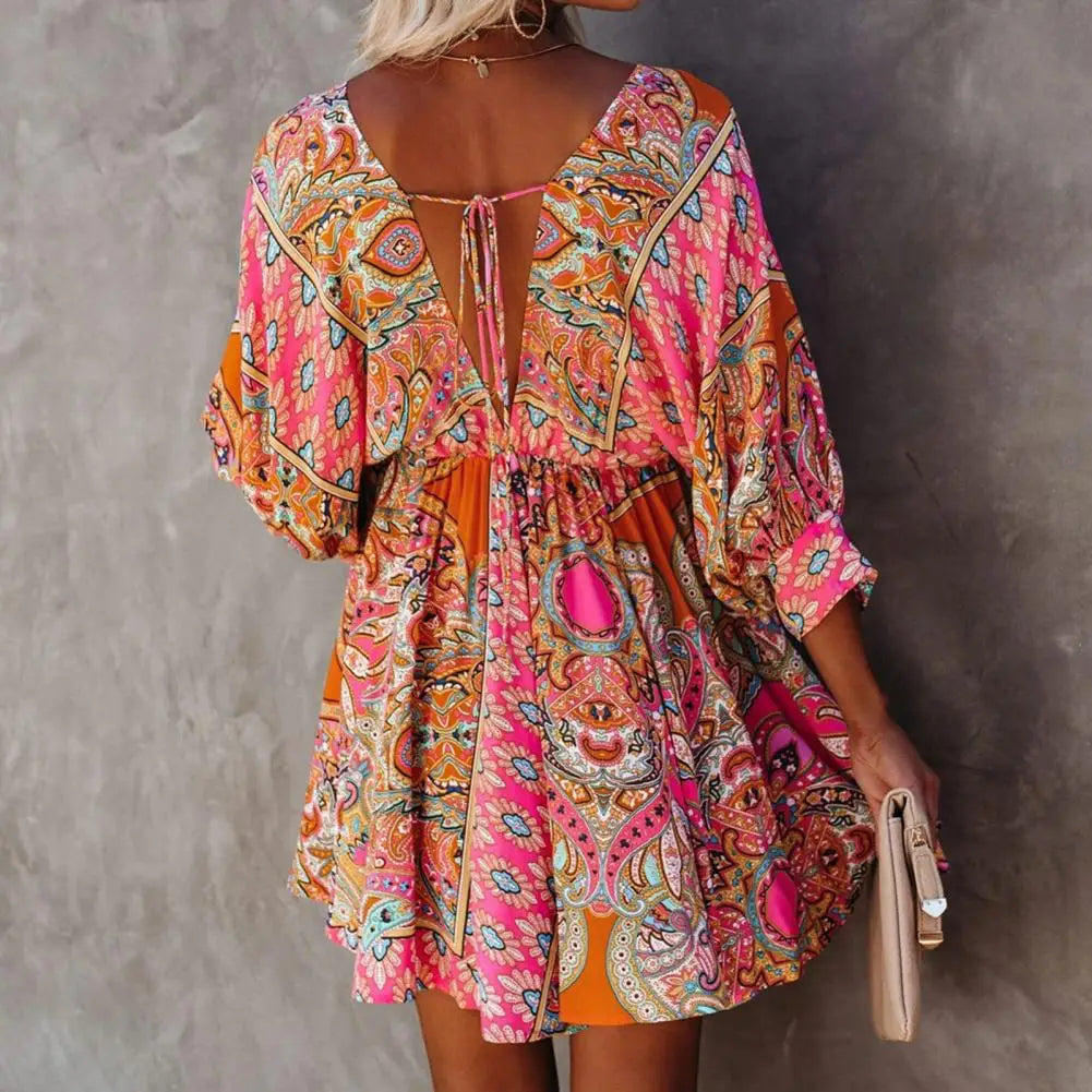 Popular Deep V Neck Mini Dress All Match Pleated Hem Women 3/4 Sleeve Print A-Line Tunic Dress. Sz M-2X