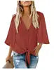 Women's V Neck Top Ruffle Short Sleeve Tie Knot Loose Blouse . S-2X