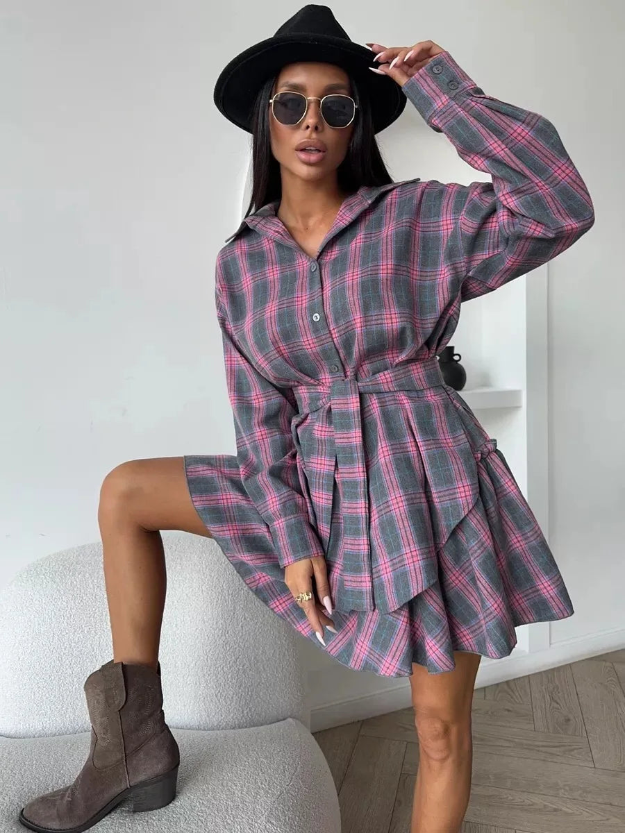 2025 New Fashionable Casual Plaid Skirt Set, Women's Lapel Loose Shirt elastic Waist Skirt Two-piece Set. S-L