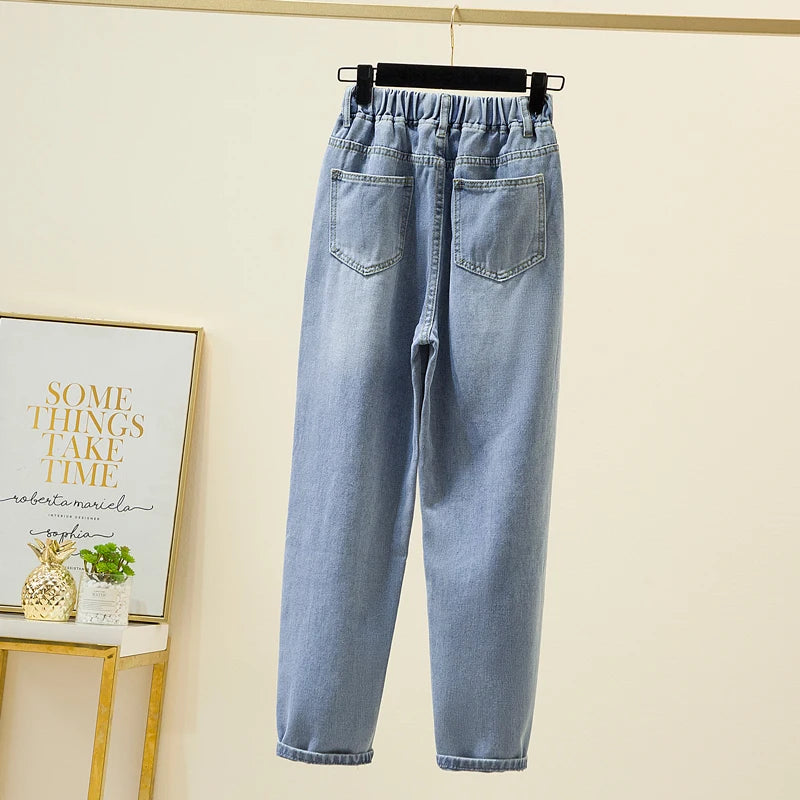 Plus Size Women Jean Elastic Waist Loose Denim Pants Casual Solid Baggy Mom Harem Pant