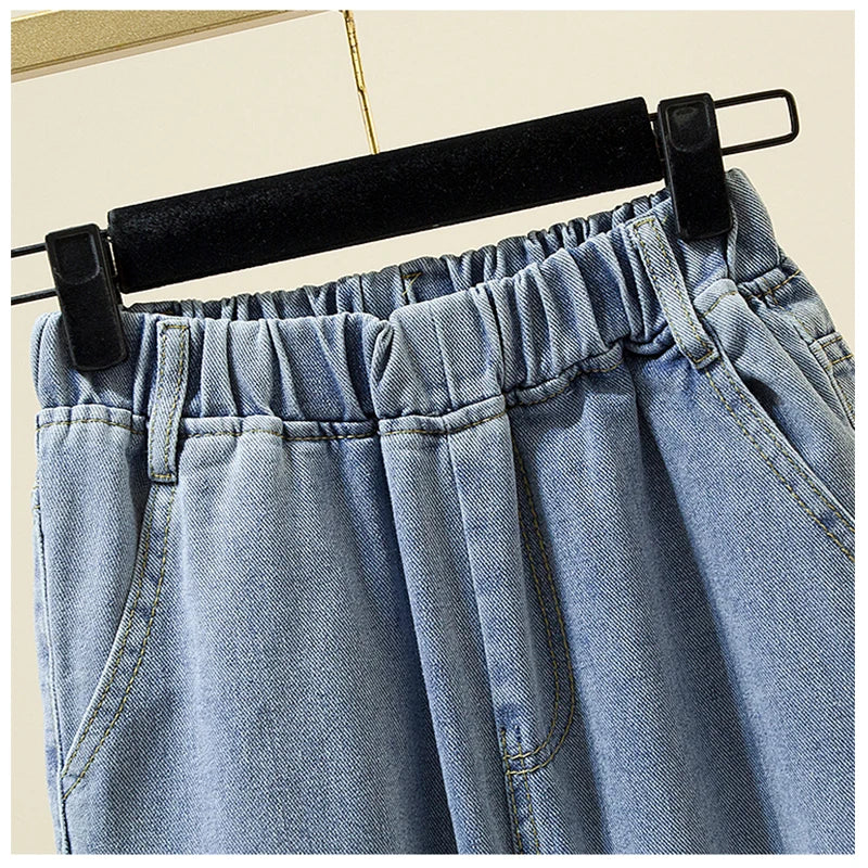 Plus Size Women Jean Elastic Waist Loose Denim Pants Casual Solid Baggy Mom Harem Pant