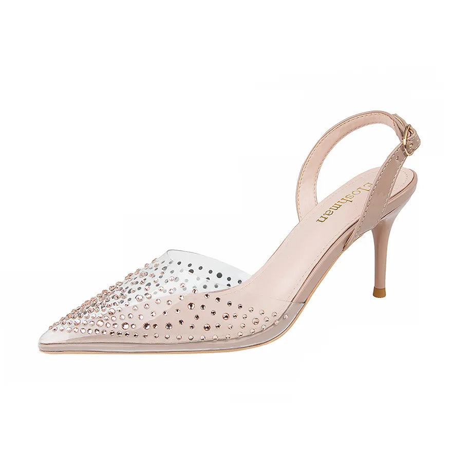 Transparent Rhinestone Fashion Sandals For Women Black Buckle High Heel Shoes Pointed Toe Crystal Shallow Ladies Dress Pumps