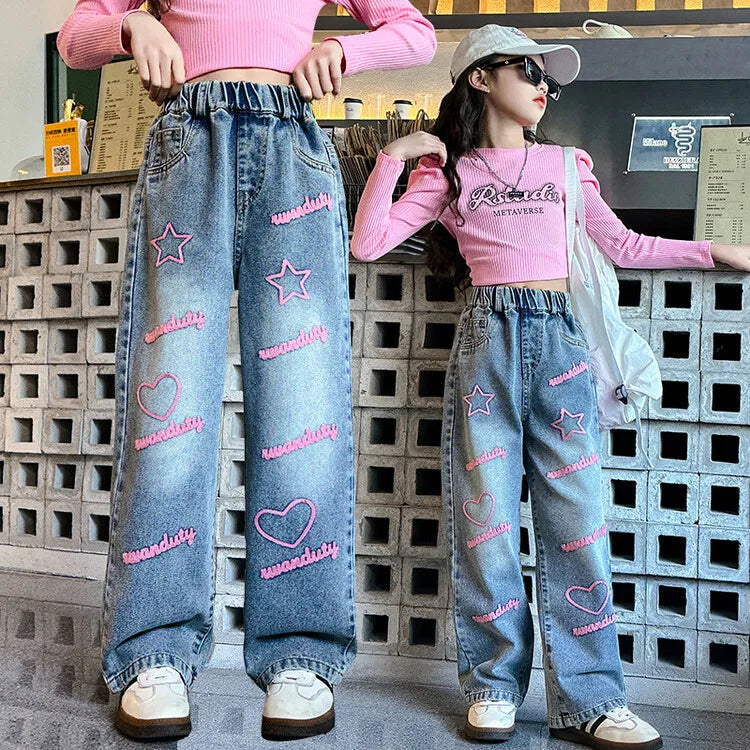 Casual Print Decoration Loose Wide Leg Kids Clothes for Big Girls Baggy Jeans with Straight Style Children's Clothing for Girls