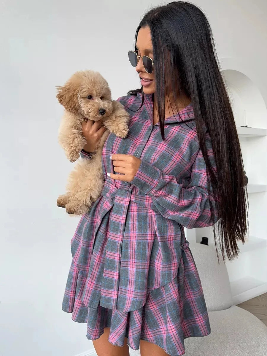 2025 New Fashionable Casual Plaid Skirt Set, Women's Lapel Loose Shirt elastic Waist Skirt Two-piece Set. S-L