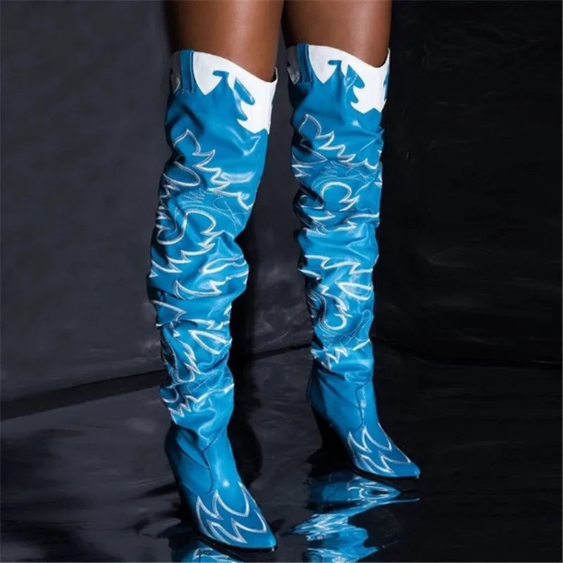 Blue Western Cowboy Over The Knee Boots Fashion Chunky Wedge Heel Designer Pointed Toe Thigh High Boots