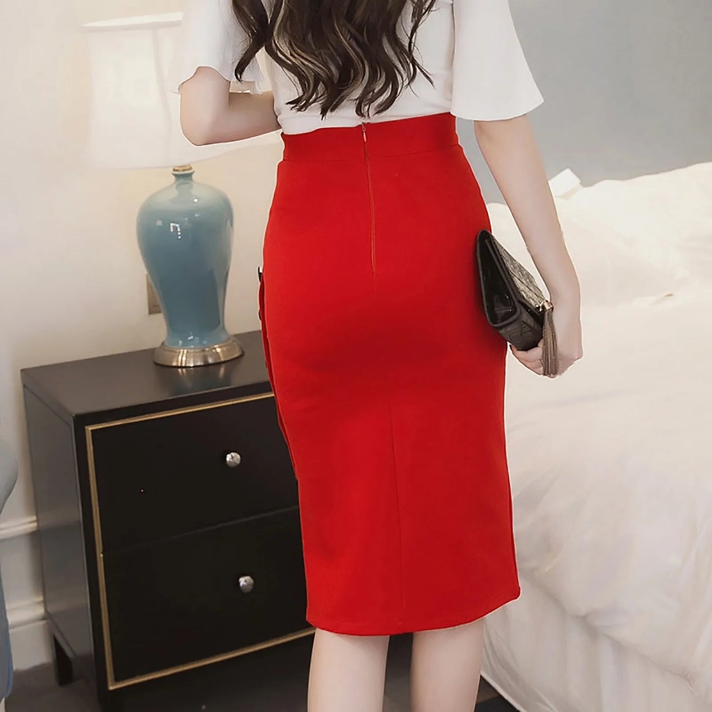Elegant Women Vintage Slim High Waist Buttons Slit Pencil Skirt S-3X