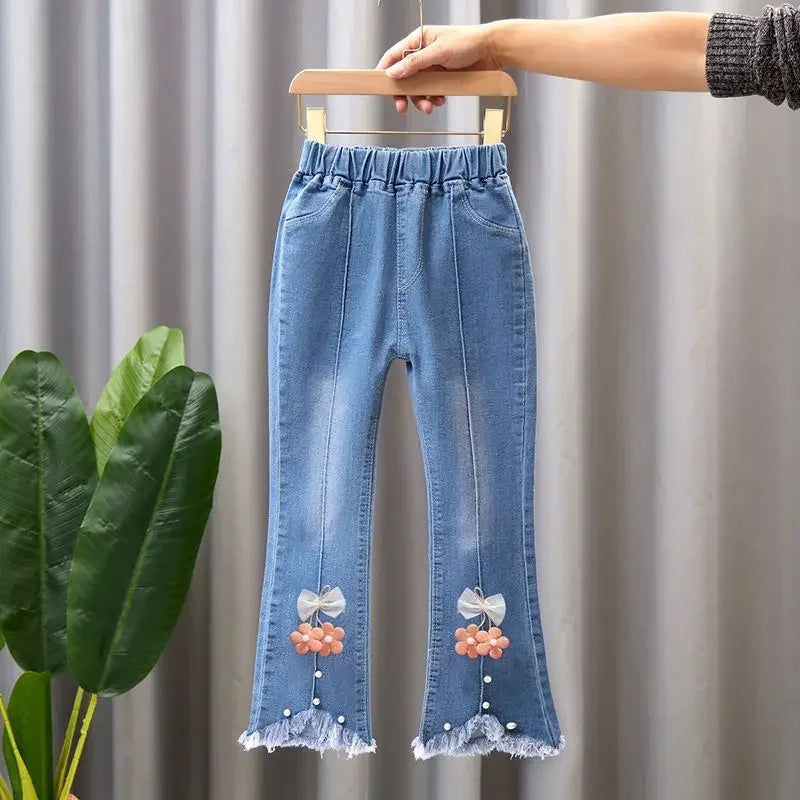 2024 Baby Girls Cowboy Pants Spring Autumn Girl Casual Denim Trousers Children Clothing Kids Stretch Flared Pants for 4-10 Years