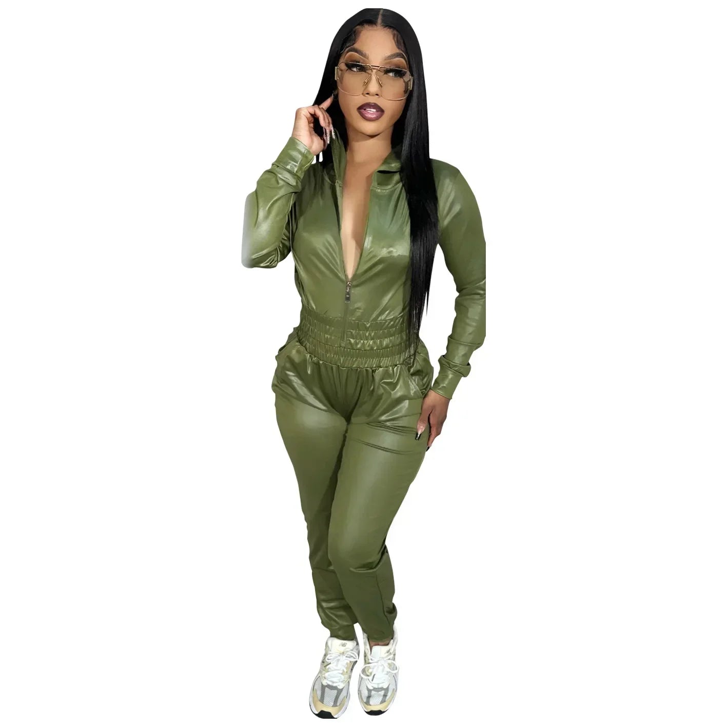Women Hooded Pant Set Slim Fit Shirring PU Leather. S-2x