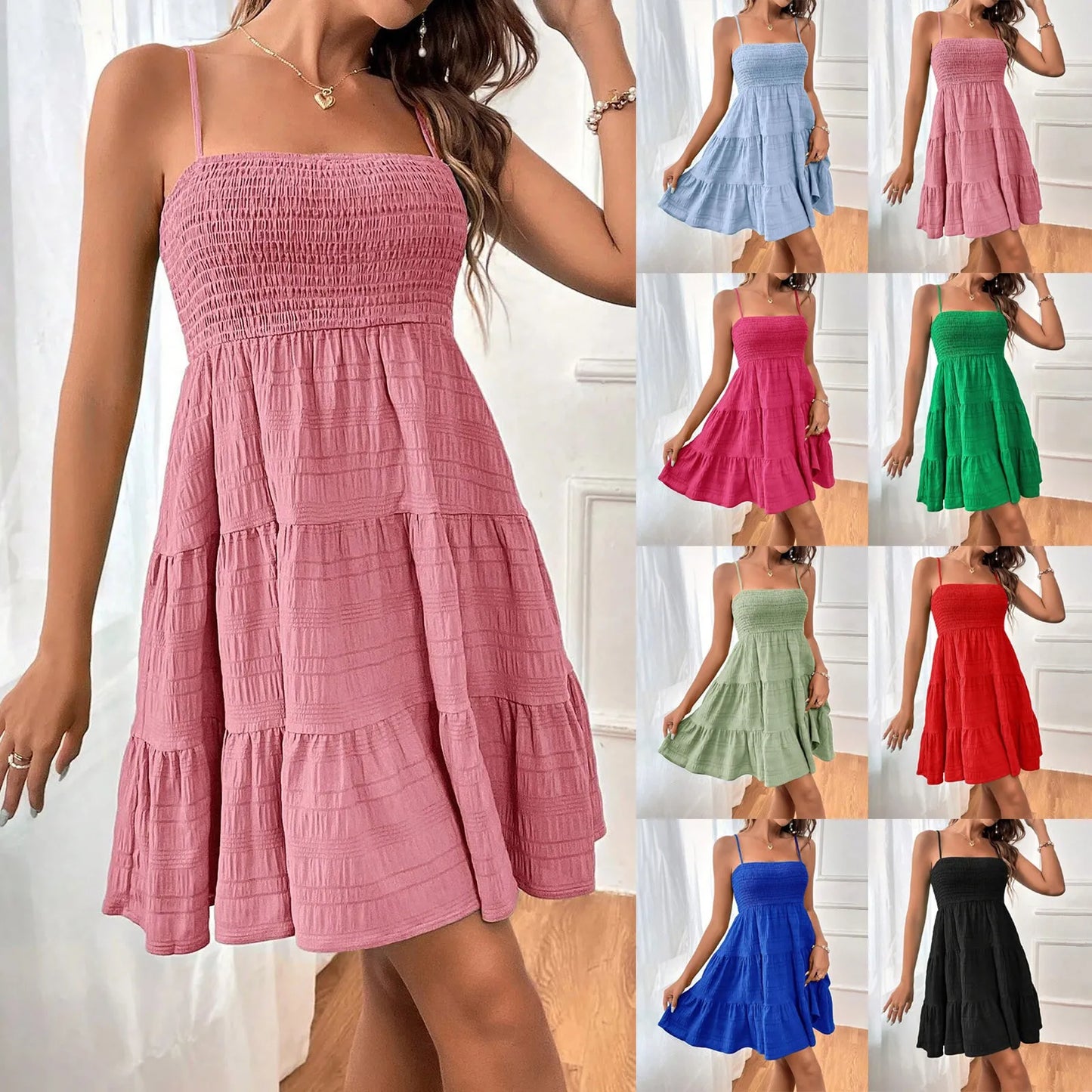 Bohemian Beach Sundress Sexy Sleeveless Backless Swing Mini Dress Solid Spaghetti Strap Ruffles Dress. S-2X
