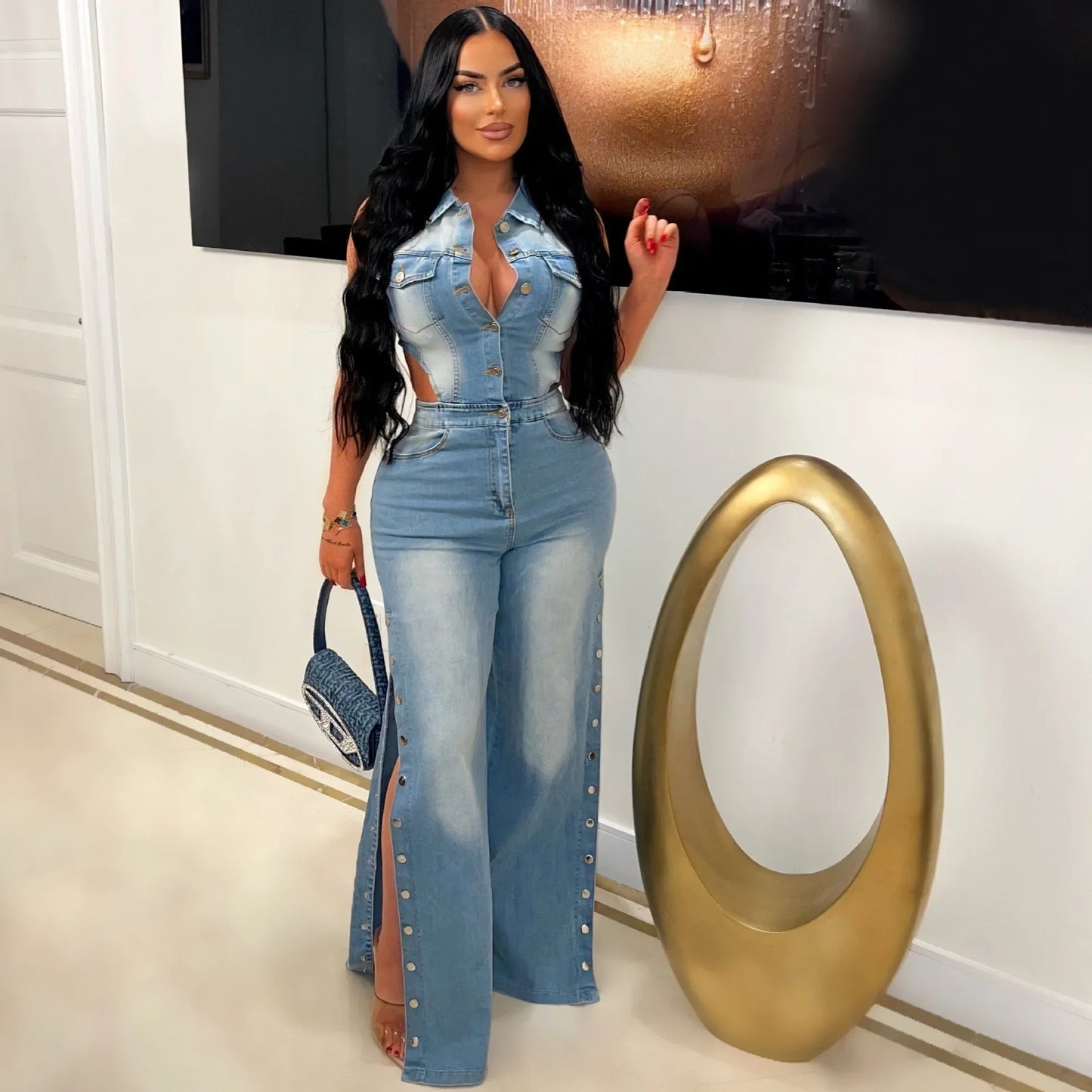 Women Denim One Piece Sleeveless Turn Down Collar Jumpsuit Sheath Sexy Straight Long Pant Rompers Slim Fit. S-2x