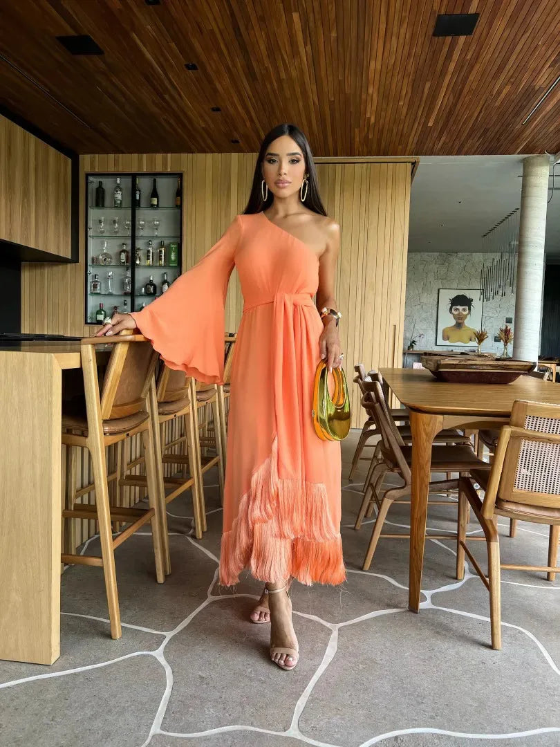 New Solid Women's One-Shoulder Sexy Lady Long Slit Ruffled Tassel Swing Evening Dress. S-XL