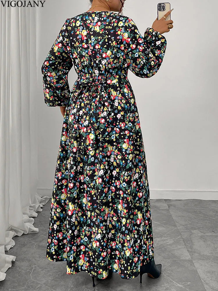 2025 Plus Size Casual Print Dress - V-Neck Long Sleeve Curvy Fit & Flare XL-3X