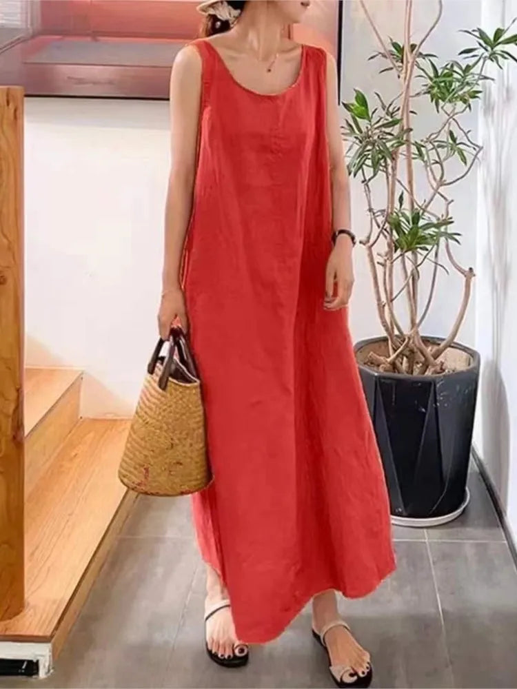 Fashion Cotton And Linen Simple Women's Long Dress Summer Casual Loose Pocket O-neck Elegant Women's Sundress. S-4X