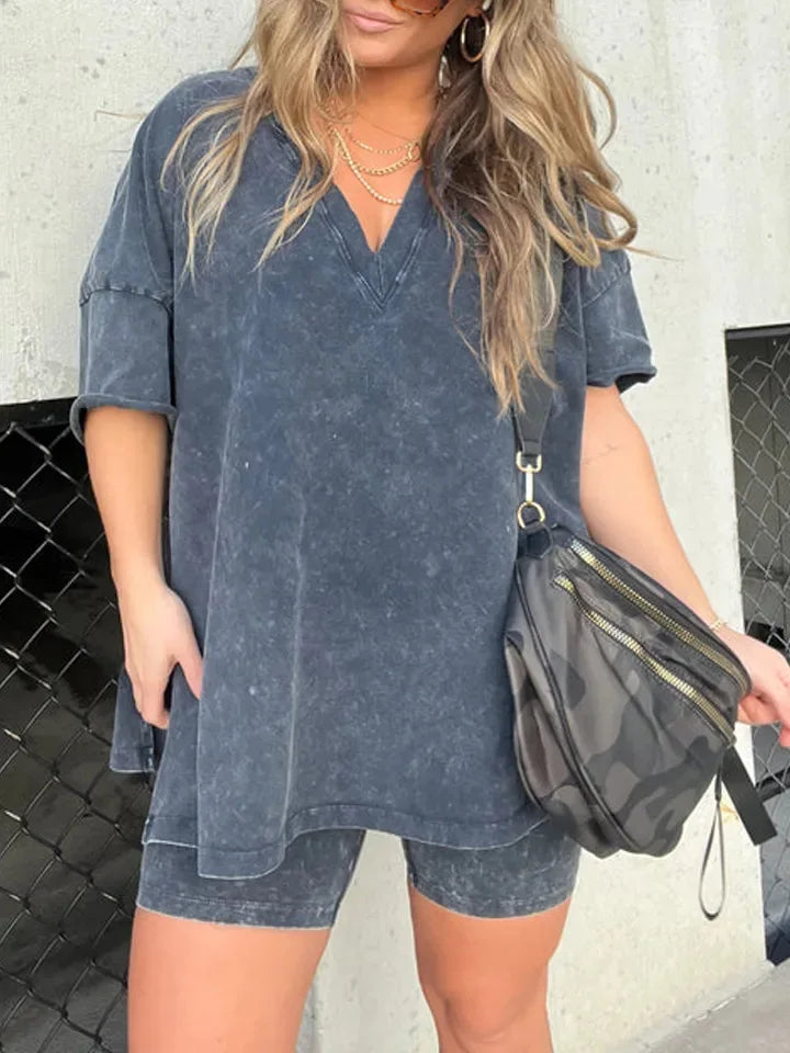 Women's Fashion Loose Solid Colour Casual V-neck Two piece Set. S-3X