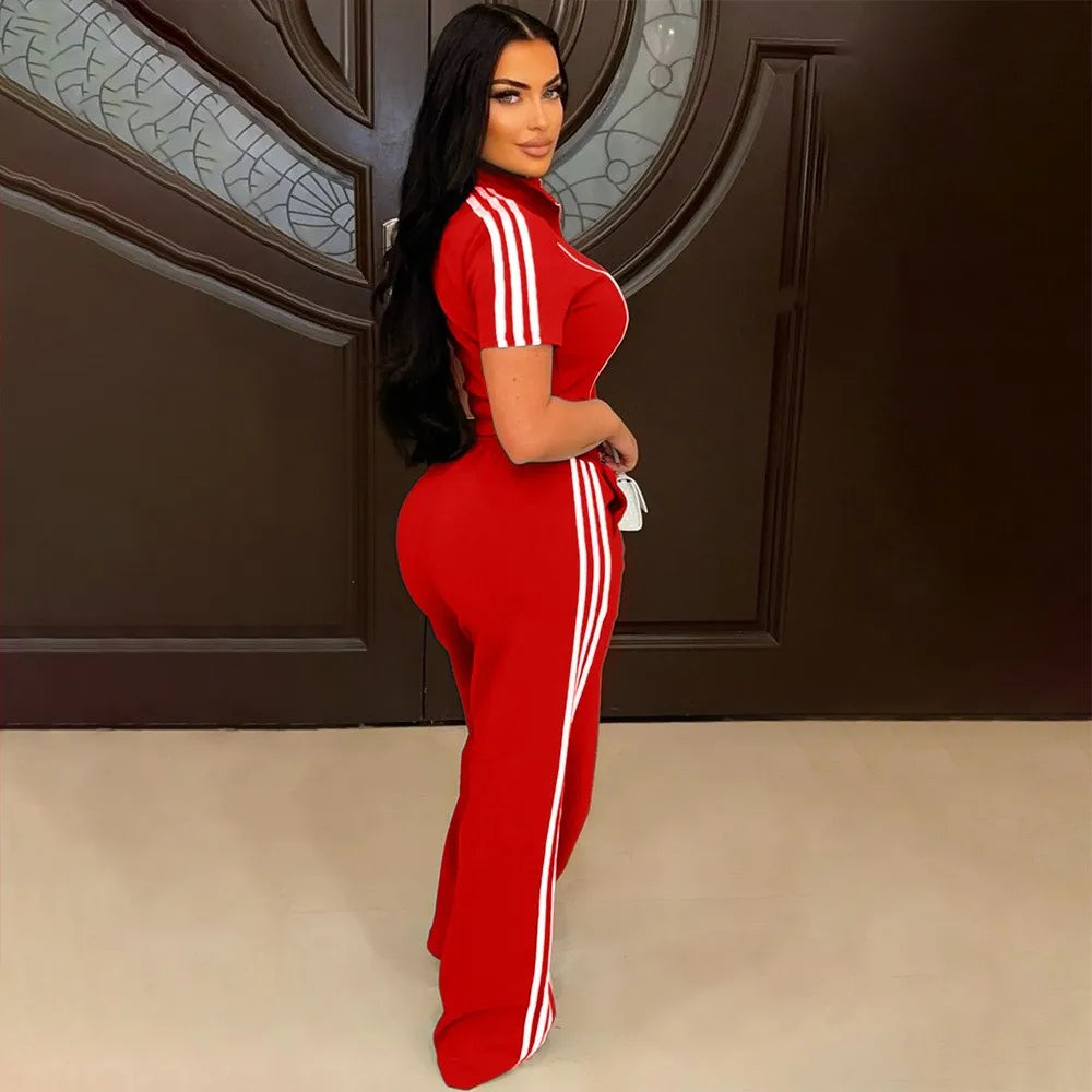 Fashion Casual Short Hoodie 2 Piece Women Short Sleeved Sport Shirt Stripe Splicing Long Pant Suit. S-2X