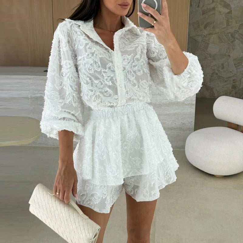 Long Sleeved Outfit 2025 Summer Lace Ruffle Loose Two Piece Set.
