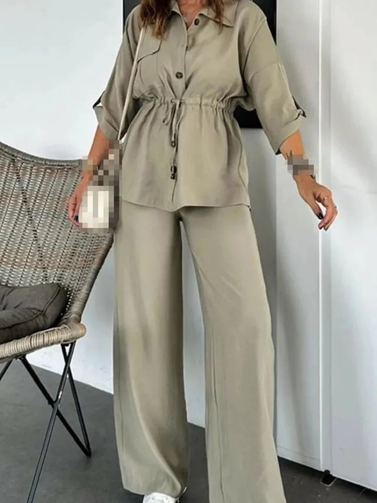 New Fashion Women's Long Sleeve Suit Casual Baggy Drawstring Shirt And Pants Female Two Piece Set. S-3X