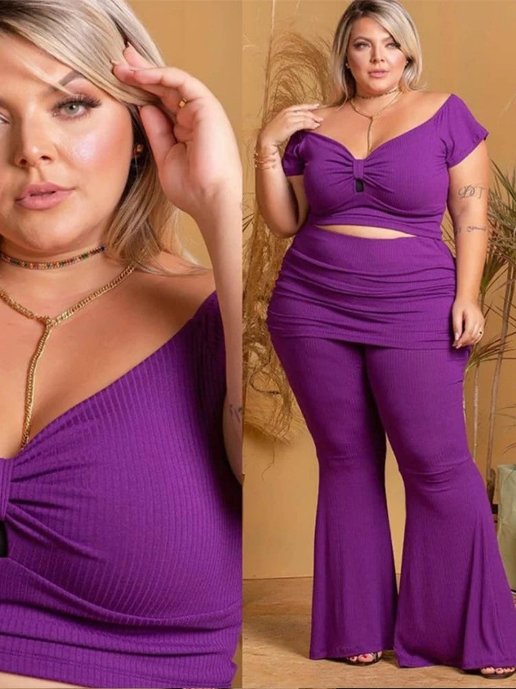Curvy Flattering Woman's Summer Off Shoulder Top and Pants Sexy Two Piece Set Plus Size.
