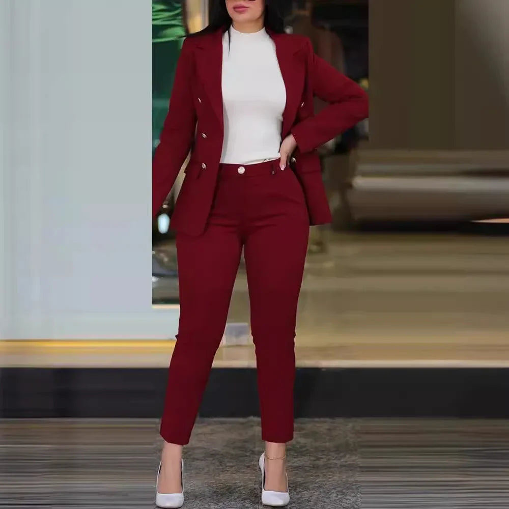 2pcs Women Clothing Set Long Sleeve Blazer Jacket & High Waist Pencil Pants Solid Colour. S-2x
