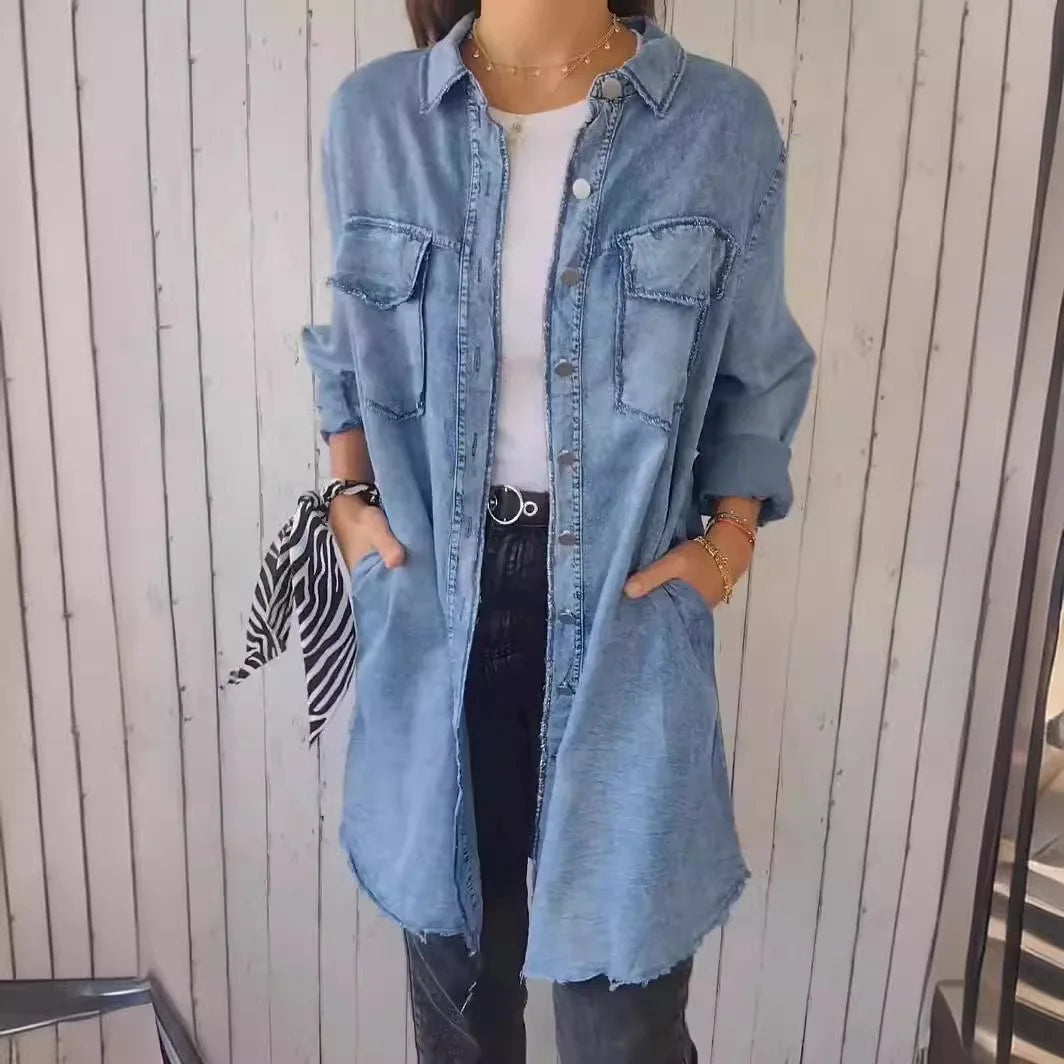 Denim Women Single Breasted Full Sleeve Jackets Pockets Turn Down Collar Casual Spring Jacket. S-3X