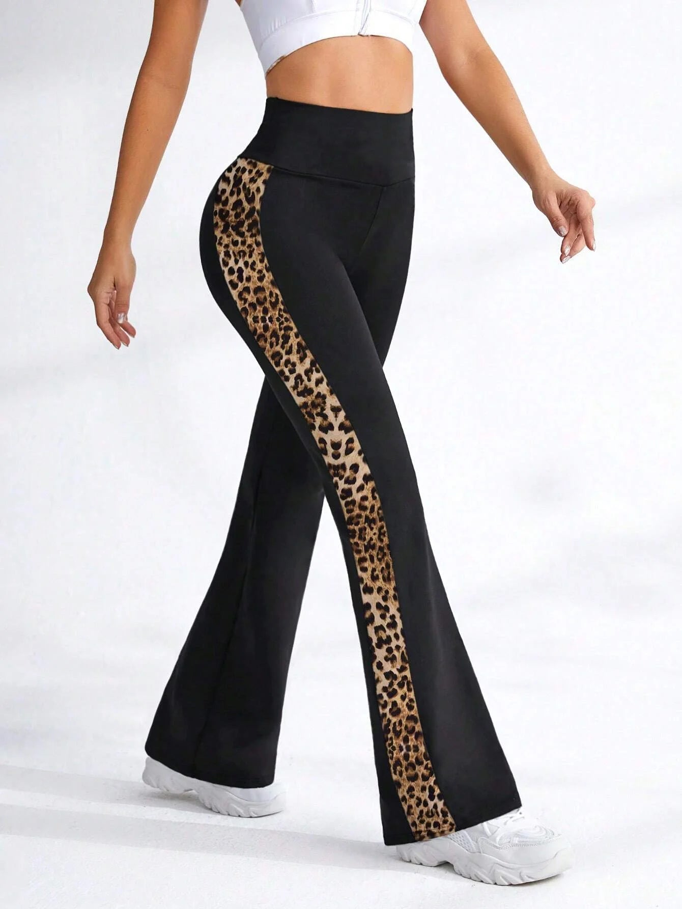 Women's Leopard Print Patchwork Elastic High Waist Sports Leggings . S-2X