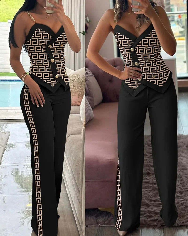Women Two Piece Sleeveless Vest Double Breasted Chain Straps Geometric Print Side Striped Working Pants