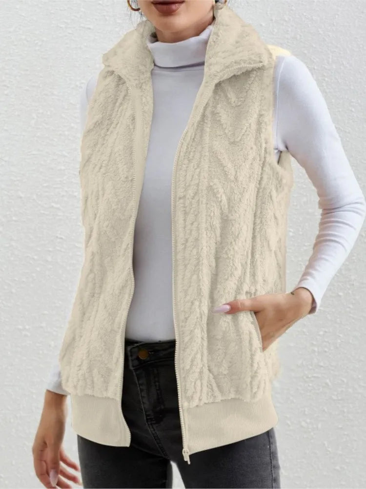 Fashion Plush Cardigan Vest For Women Casual Zipper Lapel Pocket Solid Color Warm Women's Vest 2025. S-3X