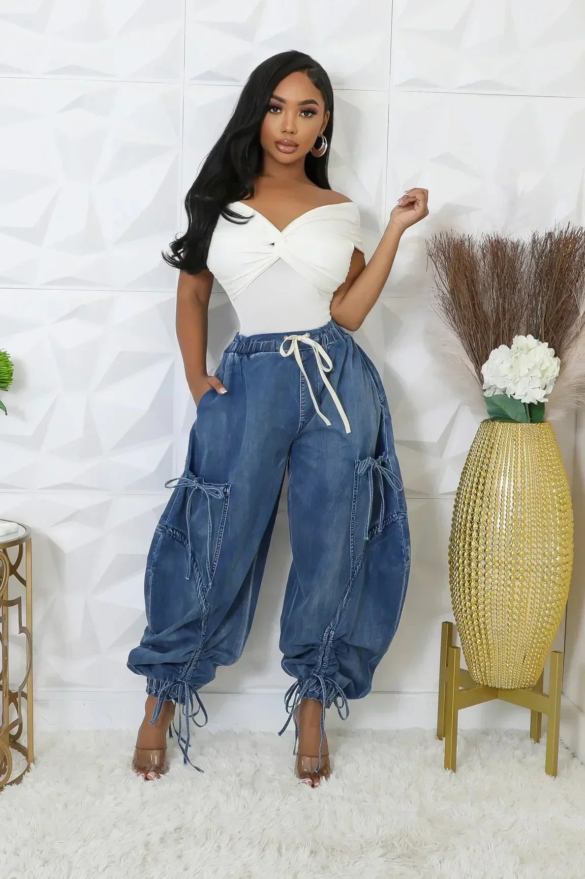 Women Street wear Drawstring Fashion Denim Pants Loose Safari Style Cargo Harem Hip Hop Jeans. S-2x