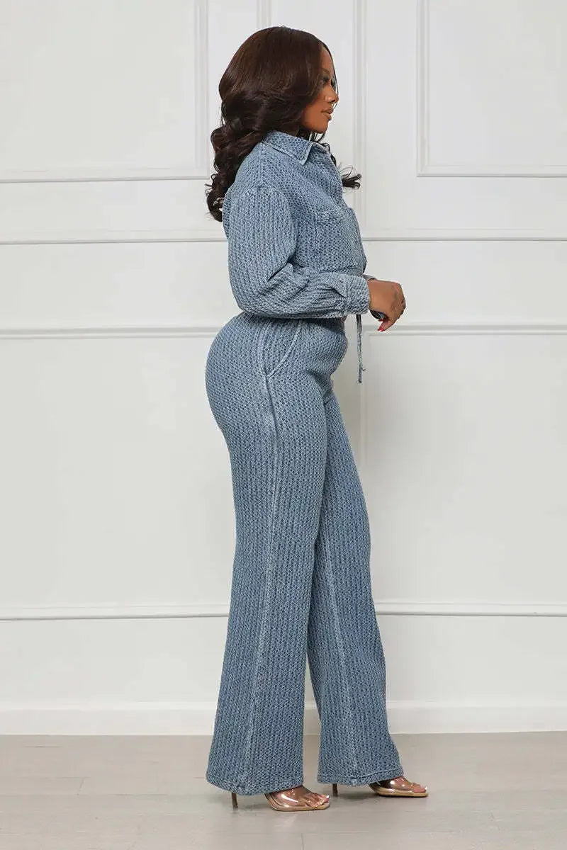 Women Denim Two Piece Set Slim Fit Sexy Turn Down Collar Full Sleeve Top, Long Pants High Elastic Waist. S-2X