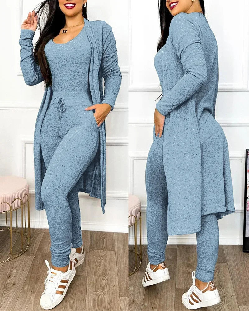 Drawstring Pocket Design Jumpsuit & Coat Set Solid Colour Slim Fit Pencil Pants Fashion. S-2X