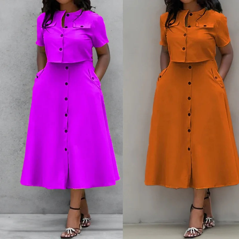 Women Top Skirt Set Summer Short Sleeve O-Neck Button Shirt + Midi Skirt Two 2 Piece Set. S-3X
