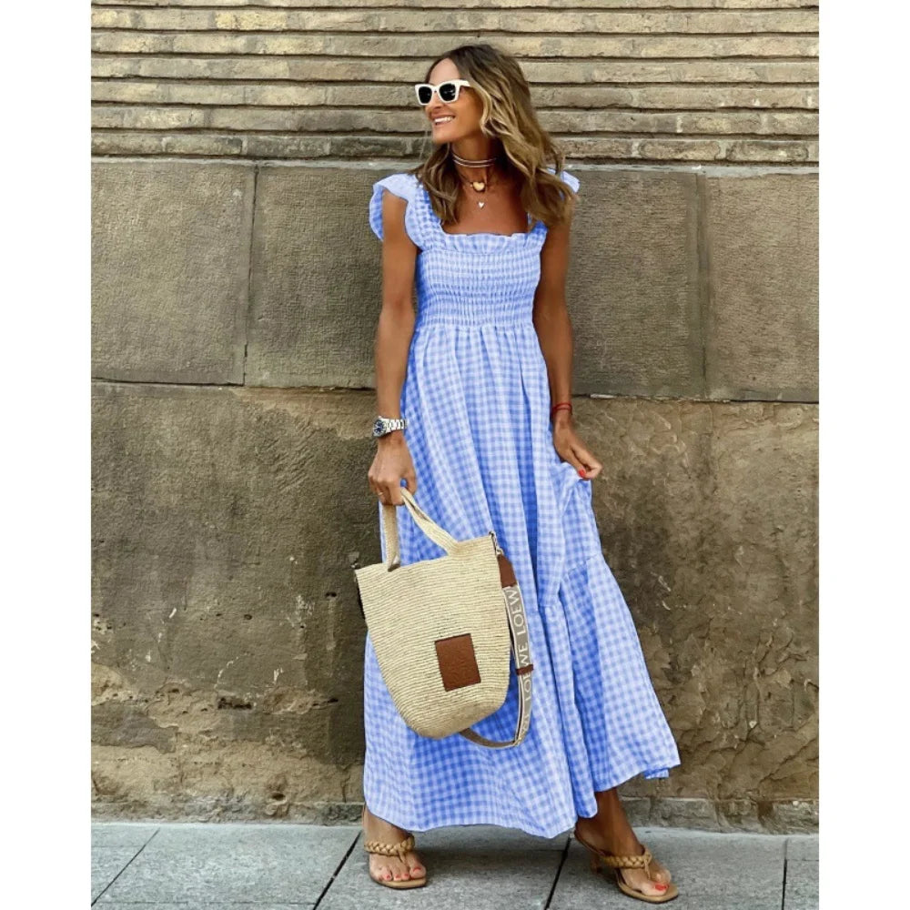 Luxury Ruffle Fly Sleeve Long Dress Square Neck Plaid Dress Casual Retro Beach /Holiday /Party. Vestidos S-3X