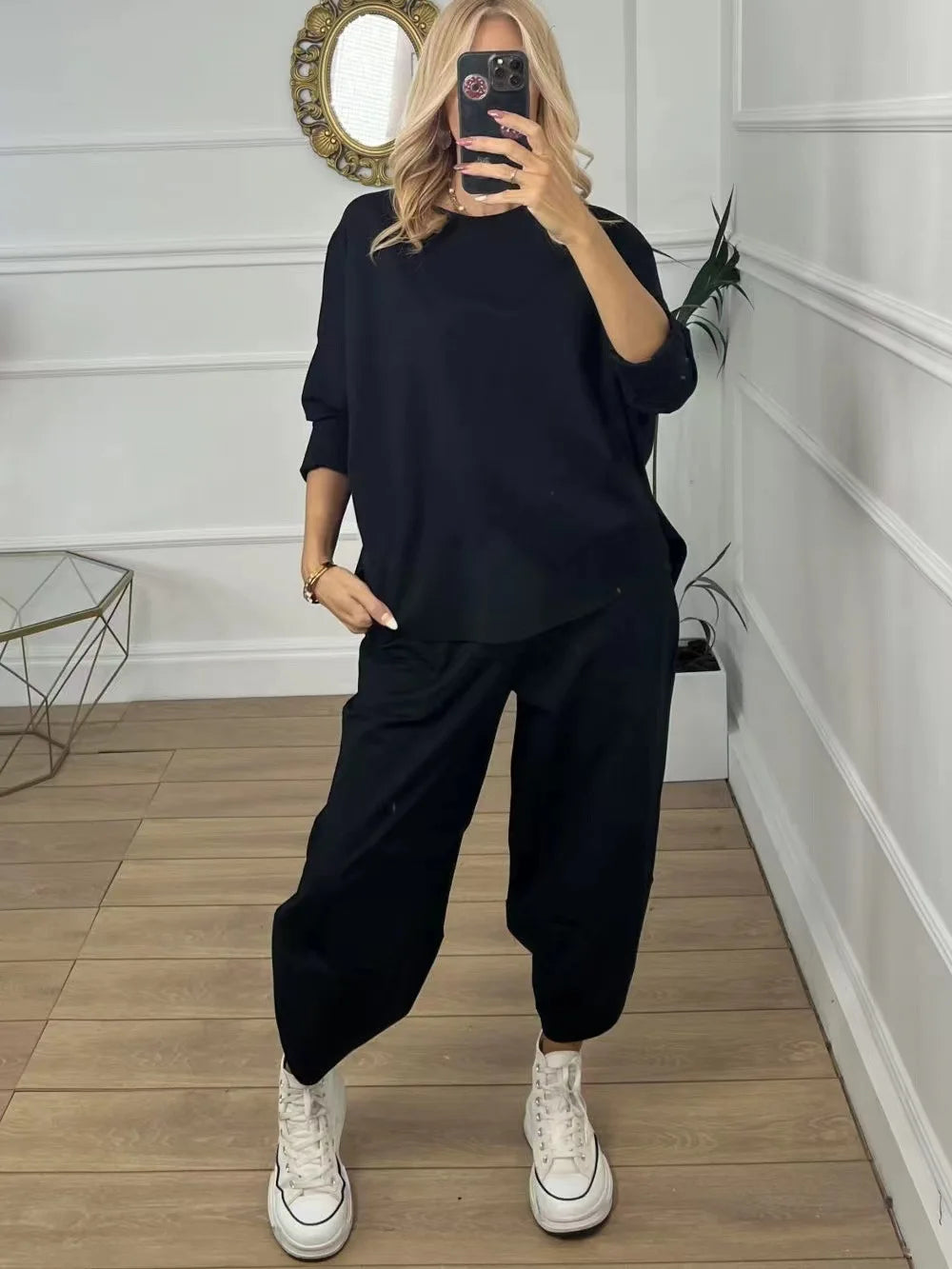 Solid Pullover Two Piece Set O Neck Top, Long Pants Tracksuit Retro Loose Sport Suit. S-3X