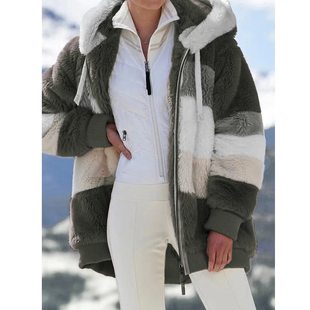 Fashionable Women's Hooded Zipper Spliced Thick Cashmere Plaid Jacket. Sz S-5XL