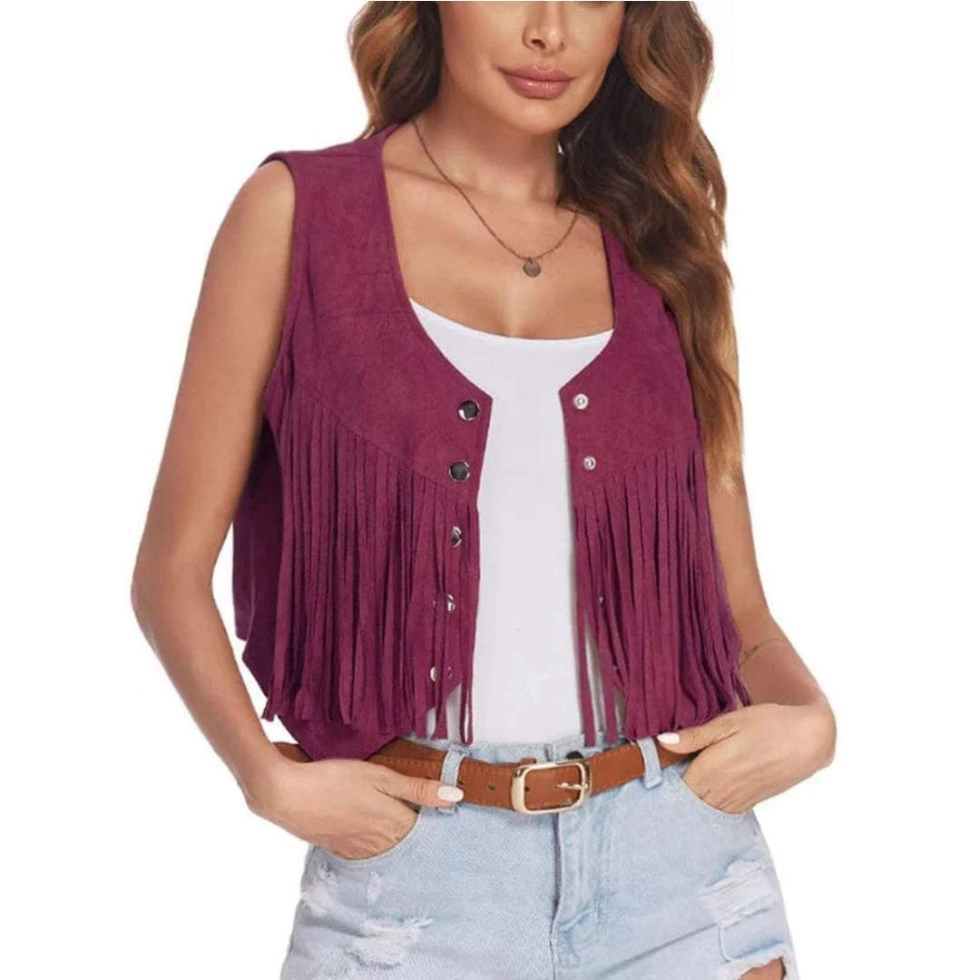 Women Faux Suede Ethnic Sleeveless Rivet Fringe Tassels Hippie Open Front Vest Vintage Cowgirl Vest